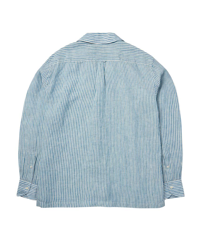 PRODESHIRT [Полуоверсайз] Кубинская льняная рубашка с открытым воротником (Синяя полоса)