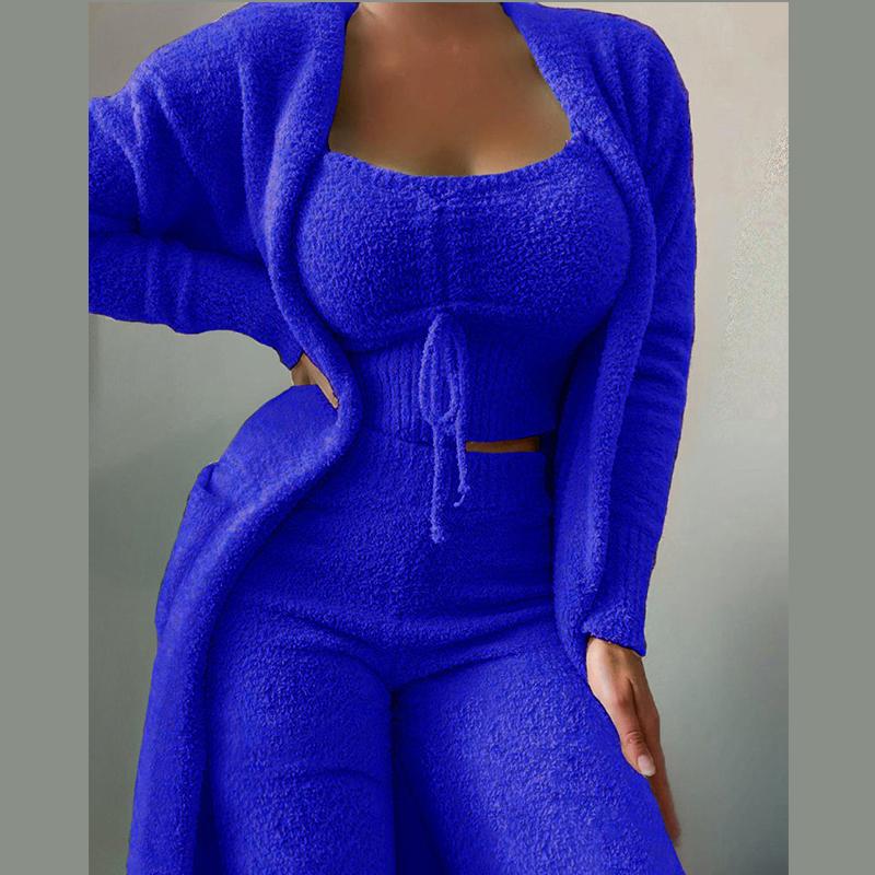 Женский флисовый комплект из 3 предметов, укороченная майка на тонких бретельках, широкие длинные брюки, пушистое кимоно, уютный пижамный комплект, женский брючный костюм