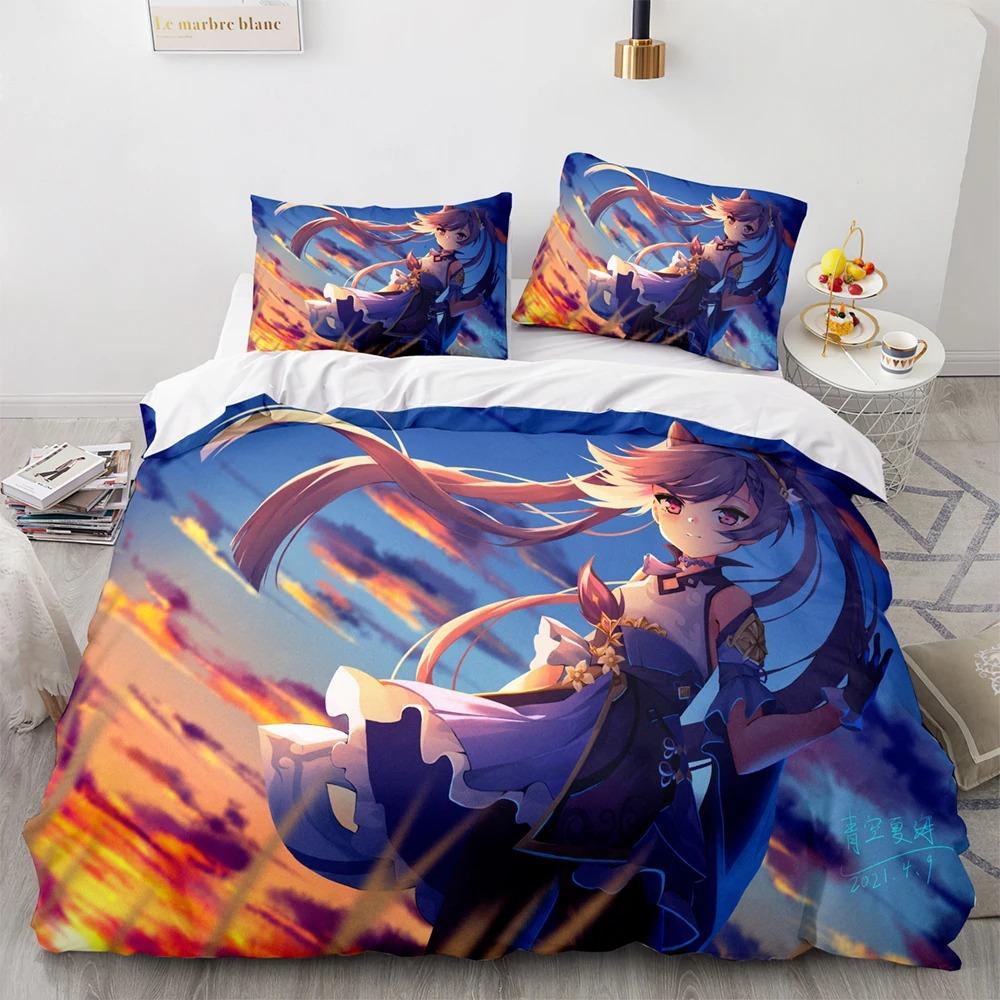 Комплект постельного белья Genshin Impact Single Twin Full Queen King Size Game Anime Bed Set Aldult Kid Bedroom Duvetcover Sets 3D Anime 058