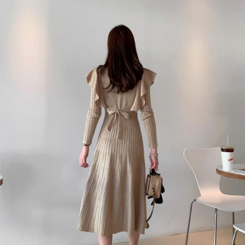 Осень-зима Элегантное женское длинное трикотажное платье с круглым вырезом, облегающее платье с длинными рукавами и оборками, плиссированное платье с поясом, женское платье-свитер