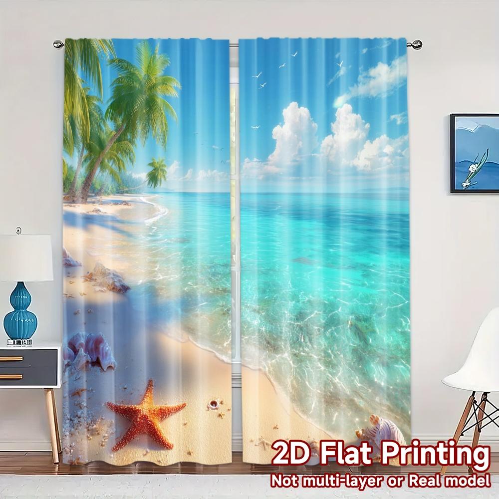 2pcs, 2D FLAT PRINTING Curtains (Without Rod) Seaside Bliss Pattern Popular Curtains Versatile Fabric Curtains Room Decor