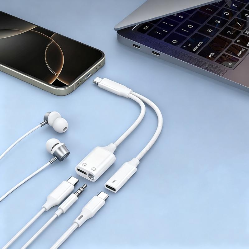 Разветвитель для наушников Type C с поддержкой PD60W, Hi-Fi звук, кабель в нейлоновой оплетке, одновременная зарядка и использование звука