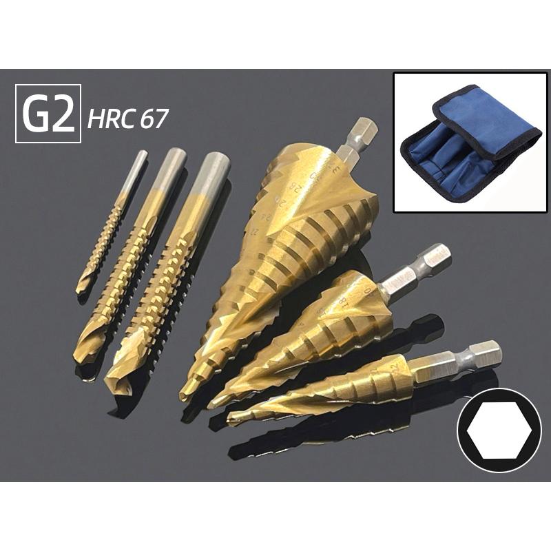 6Pcs HSS Steel Titanium Step Drill Bit Set 4-12/20/32mm Metal Hole Cutter Wood Cone Core Drilling Hole Saw Tool+3,6,8 Saw Drill