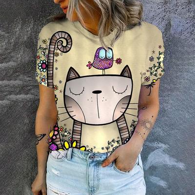 Летняя женская футболка с коротким рукавом с милым рисунком кошки, высококачественная женская одежда, футболка с коротким рукавом, круглый вырез, удобный топ
