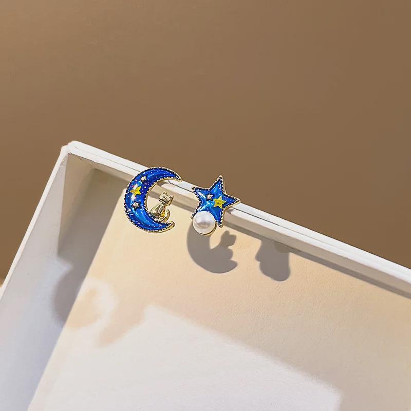 Корейские серьги с жемчугом «Звезда и Луна»: Модная осенняя мода с серебряной иглой