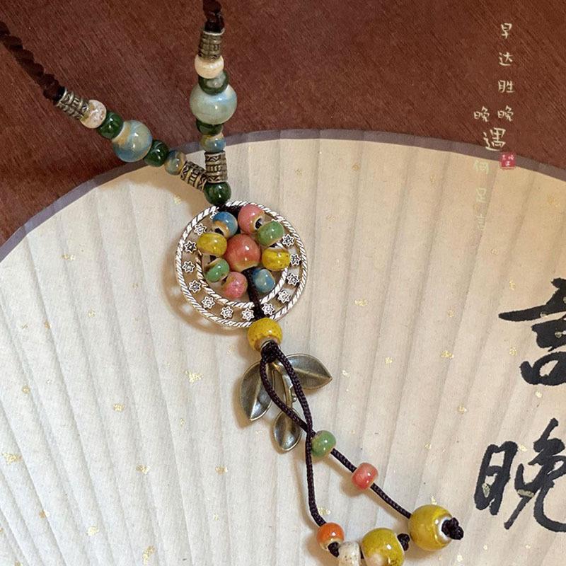 New Chinese ethnic style retro bohemian Jingdezhen ceramic braided rope necklace high-end female Zen accessories