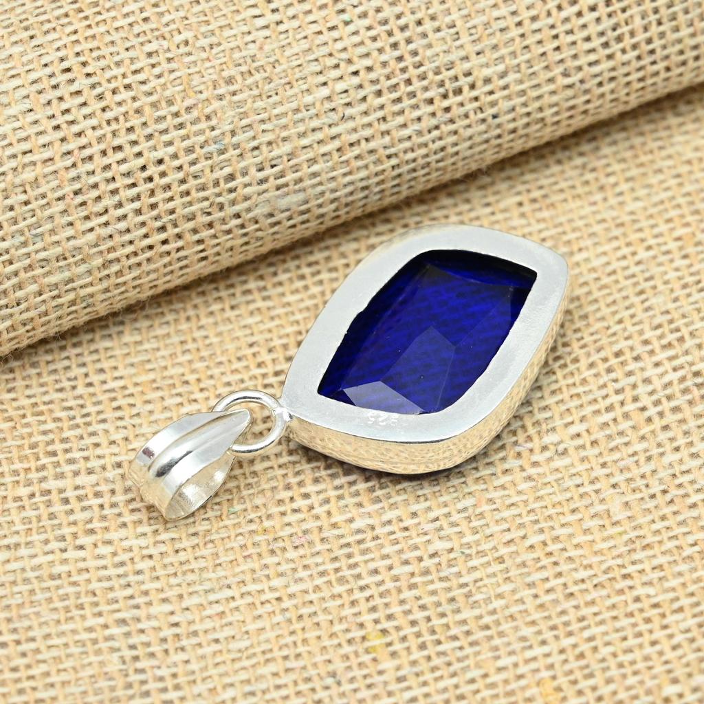 Solid 925 Sterling Silver Blue Sapphire Lab-Created Handmade Jewelry Christmas Gift Pendant