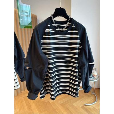 Дизайнерская нишевая свободная футболка с рукавами реглан в стиле ретро, в полоску, с длинным рукавом, женский топ, уменьшающий возраст, на все случаи жизни