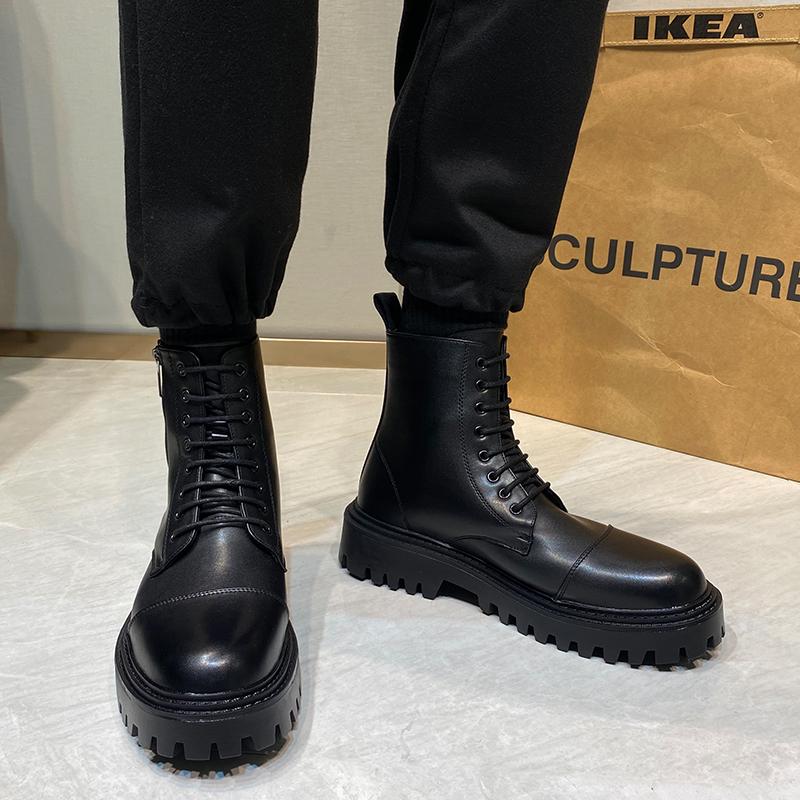 Мужские ботинки с толстой подошвой, кожаные ботинки класса люкс с боковой молнией, модные высокие мотоциклетные ботинки для мужчин, рабочие ботинки, повседневные ботинки