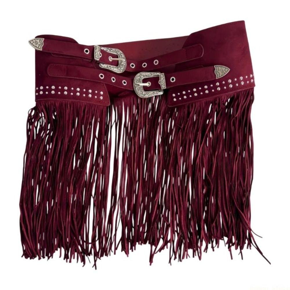 Soft Matte Look Fringe Waist Belt Suede Material Double Buckle Belt Fashion Boho Belt For Women