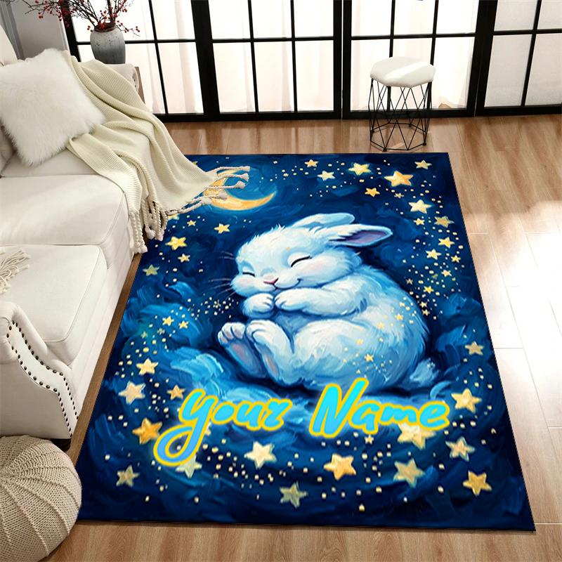1PC Custom Name Moonlit Bunny Dreams Theme Floor Mat Ideal for Living Room, Game Rooms, Office, Bedroom,Floor Mat Playful Design