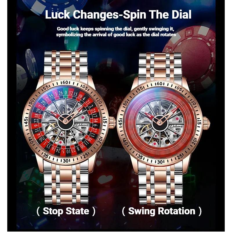 Dulunwe Автоматические механические часы Roulette для мужчин с вращающимся циферблатом, полые часы из нержавеющей стали, водонепроницаемые, роскошные наручные часы