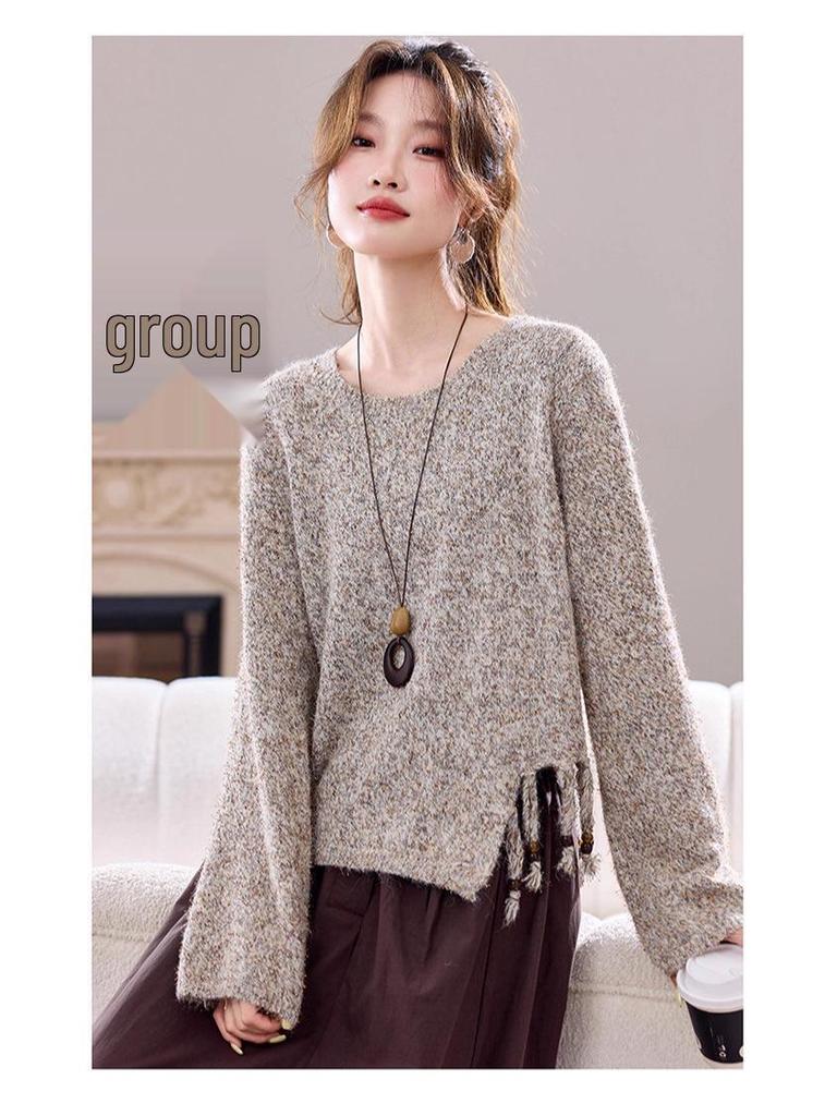 Versatile Knitted Sweater: Round Neck, Loose Fit, Irregular Tassel Cardigan for Autumn and Winter