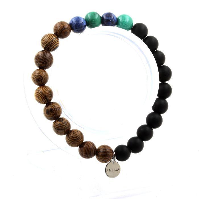 Stones and Minerals. Malachite Beads Bracelet from Congo + Blue Jasper + Matte Black Onyx + Wood Made In France.