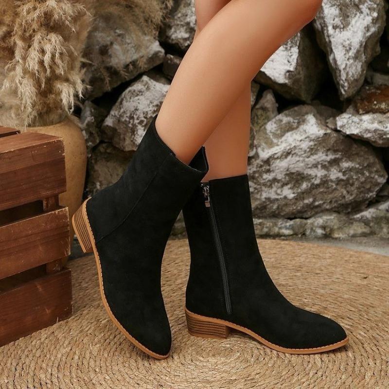 New Pointed Martin Boots Fashion Mid Tube Side Zipper Suede Large Size Thick Heel Fashion Boots