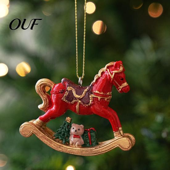 Colorful Hanging Figurines Rocking Horse Christmas Ornament, Resin Tree Decoration with Holiday Atmosphere Decorations Bear Gift Box for Window