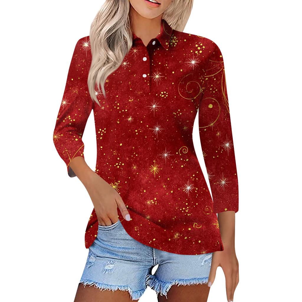 Women's Fashion Casual Lapel Short 3/4 Sleeve Christmas Print Shirt Women's Button Up Tops