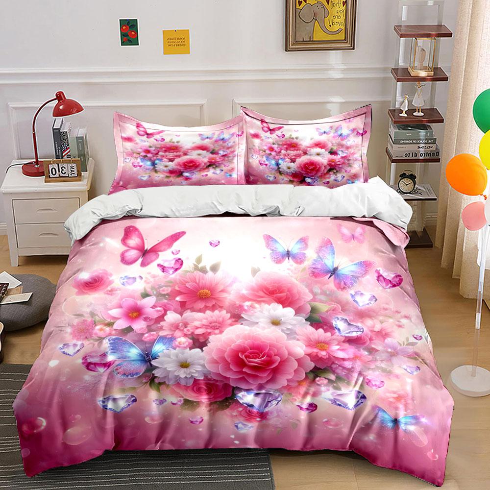 "Floral Butterfly Decorative Set" Bedding Set with 1 Duvet Cover 2 Pillowcases Single Double King Queen, Gift