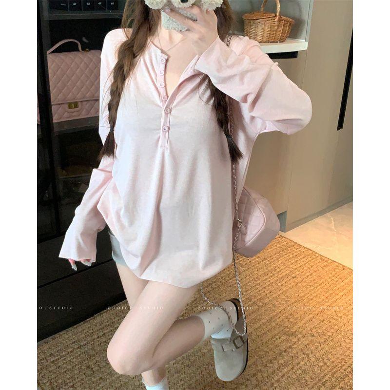 Kumikumi Idle Style Design Single-Breasted Long Sleeves Shirt Women Early Autumn Loose All-Match Solid Slimming Top