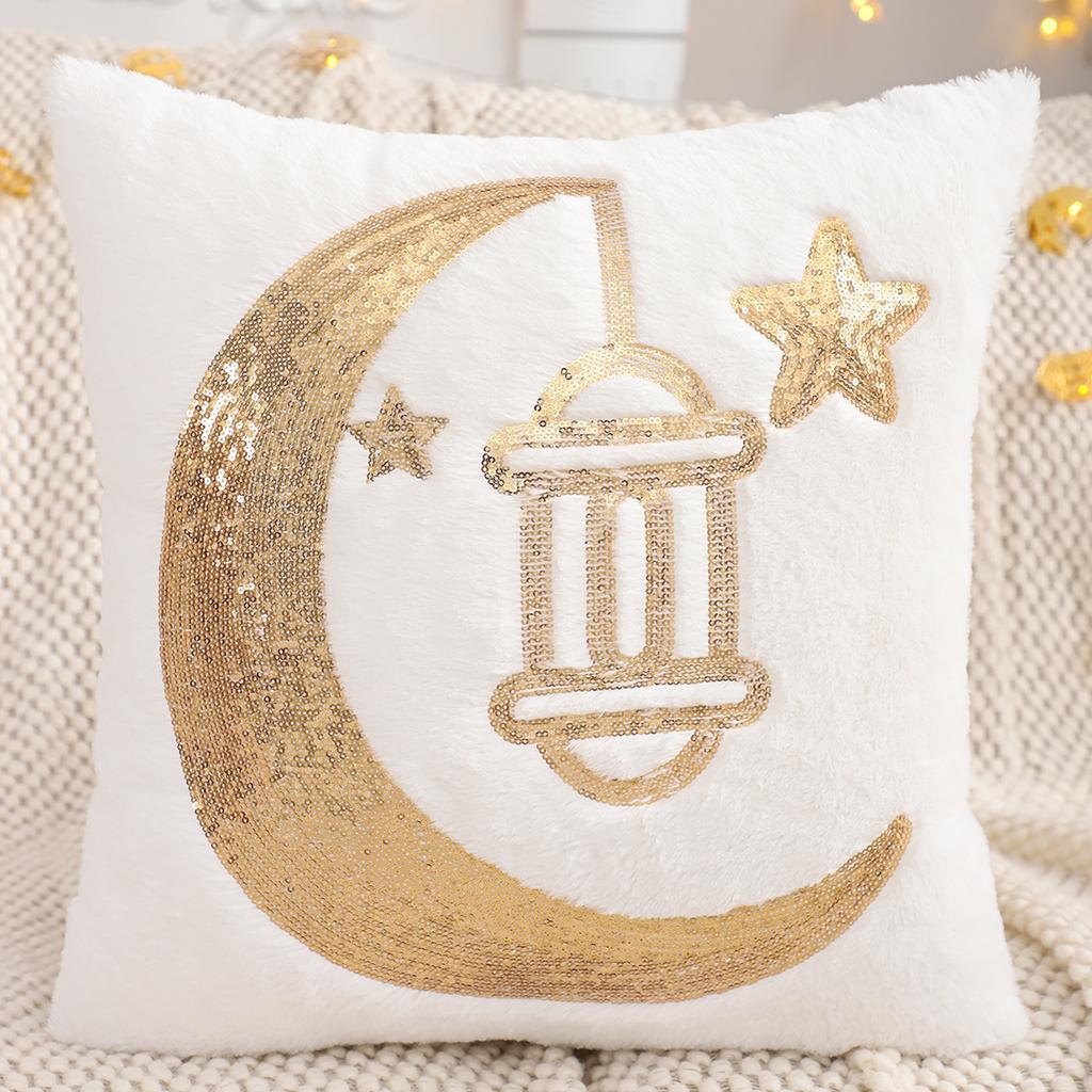 1 Pc Ramadan Decorative Pillow Cover Embroidery Sequin Plush Crescent Moon Stars Islamic Muslim Gift Eid Living Room Sofa