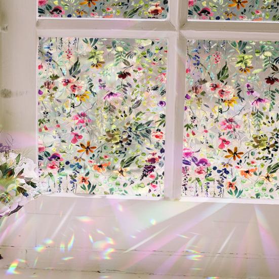 Yousheng Радужная оконная пленка Витражный стиль Цветочные статические наклейки Без клея Многоразовые оконные наклейки для гостиной, спальни, кухни, ванной комнаты