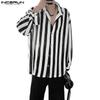 Men Long Sleeve Lapel Neck Hollow Out Striped Print Casual Oversized Shirts Tops
