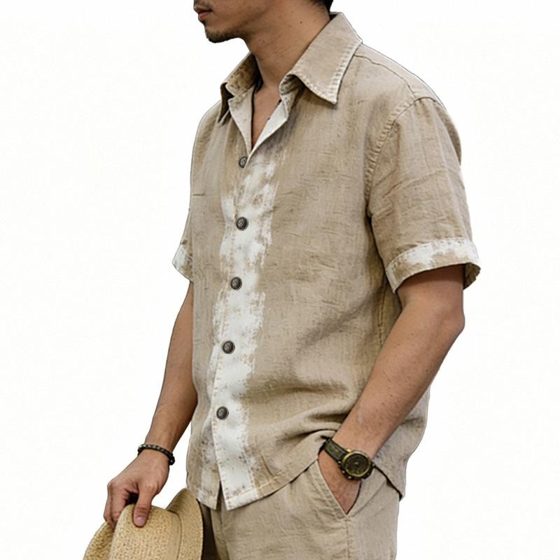 Men Ink Wash Brushstroke Print Lapel Full Button Short Sleeve Casual Shirt