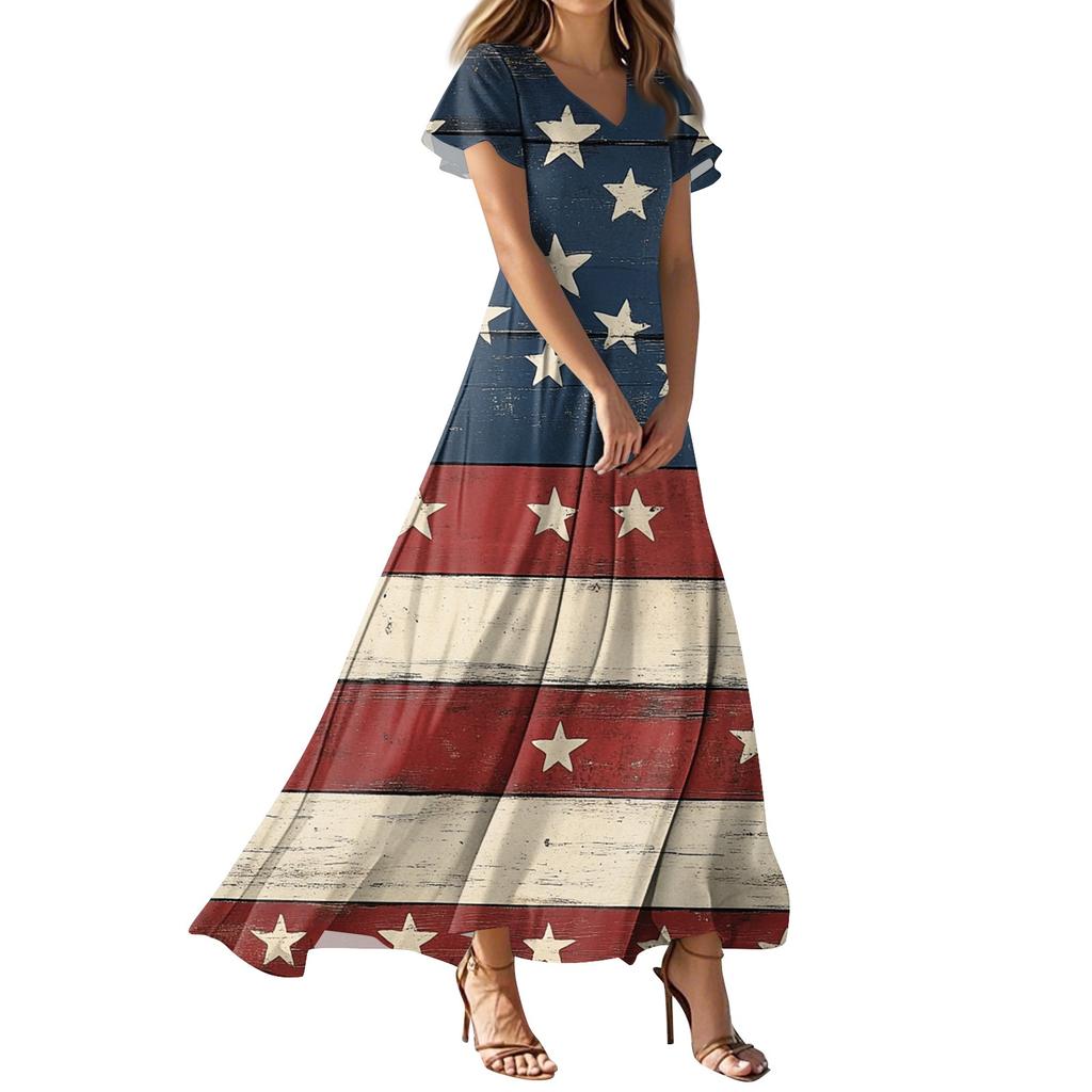 Женское повседневное платье с принтом флага Дня независимости, V-образным вырезом, короткими рукавами и высокой талией