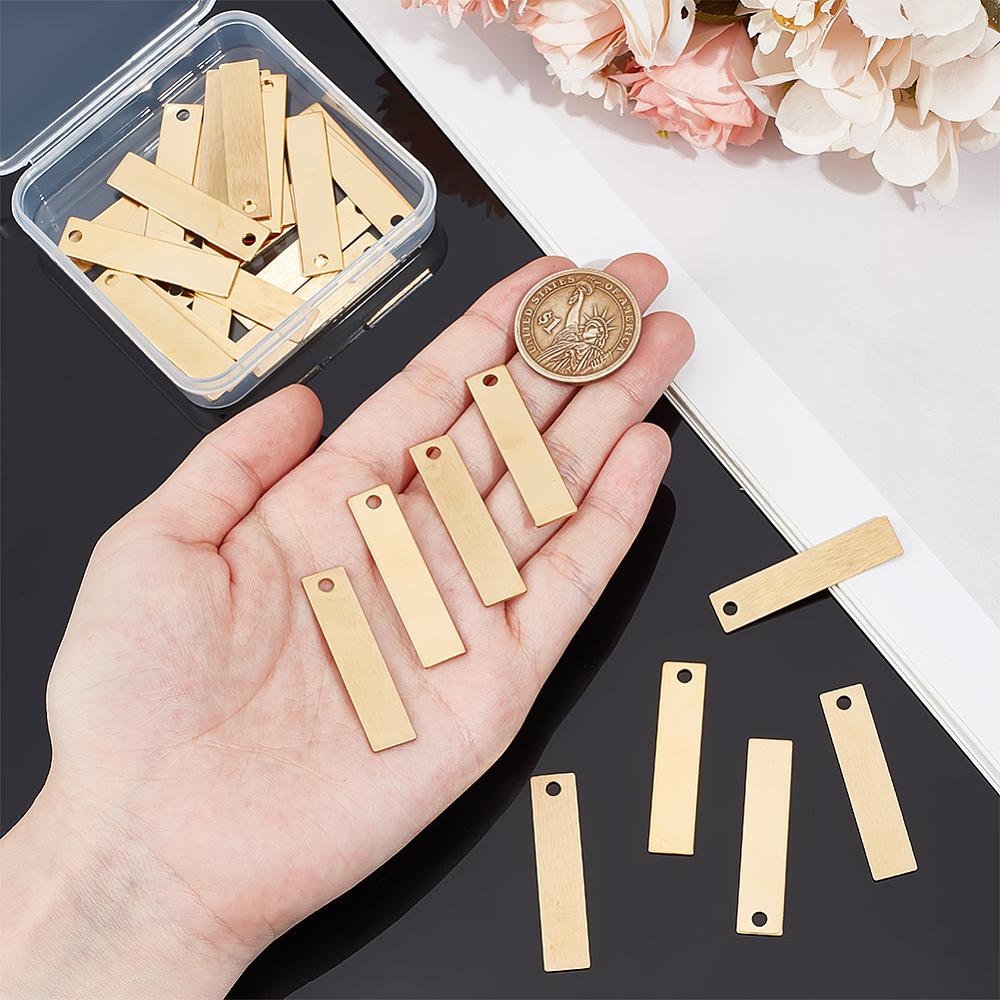 30Pcs 201 Stainless Steel Rectangle Stamping Blank Tag Pendants One Side Polishing Golden 40x9x1mm Hole: 2.8~3mm