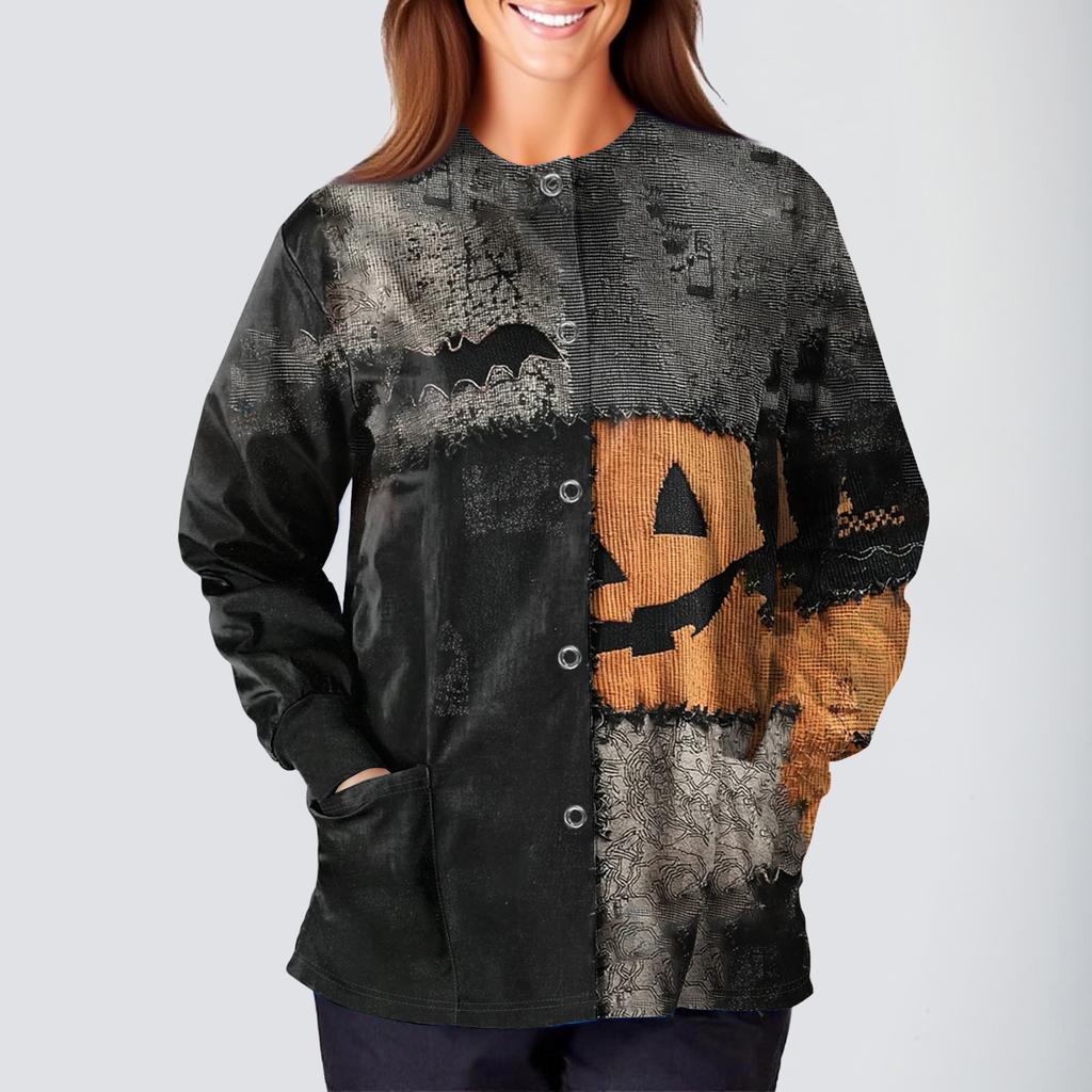 Women's Casual Fashion Long Sleeve Standing Collar Single Breasted Halloween Print Workwear Jacket Tops