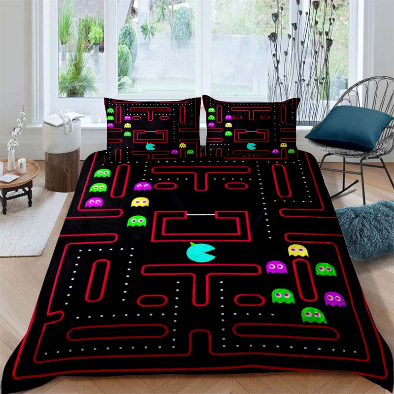 Детский развивающий постельный комплект с принтом Pac-Man, включающий пододеяльник и две наволочки, — идеальный праздни