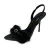 Sexy Fluffy Fur Slingback Sandals Women Summer Pointed Toe Stiletto High Heels Pumps Shoes Rhinestone Party Dress Sandalias