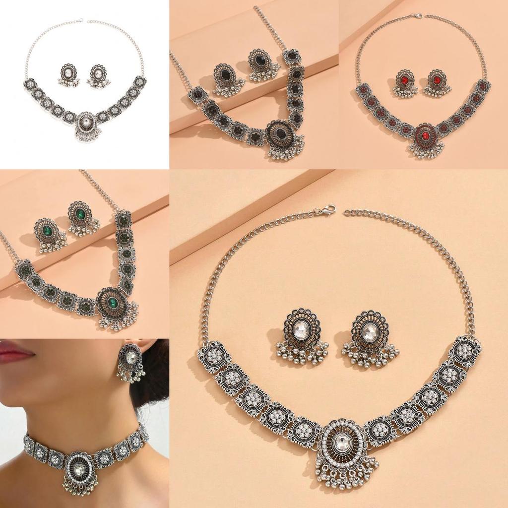 Vintage Geometric Silver Necklace Earring Set For Women With Glittering Crystals Spring