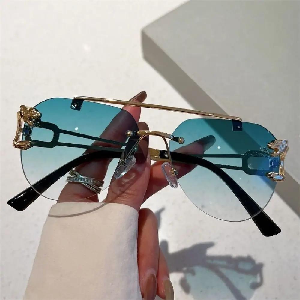 New Rimless Cheetah Decor Sunglasses Gradient UV400 Double Bridge Sun Glasses Shades for Women & Men Lunettes De Soleil Homme
