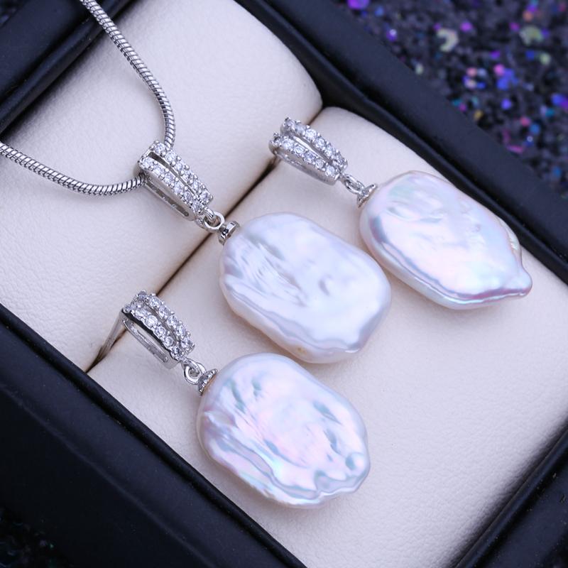 LSOOYH Natural Freshwater Big Baroque Pearl Necklace Geometric Pendant Fashion Drop Earrings For Women Pearl Jewelry Sets