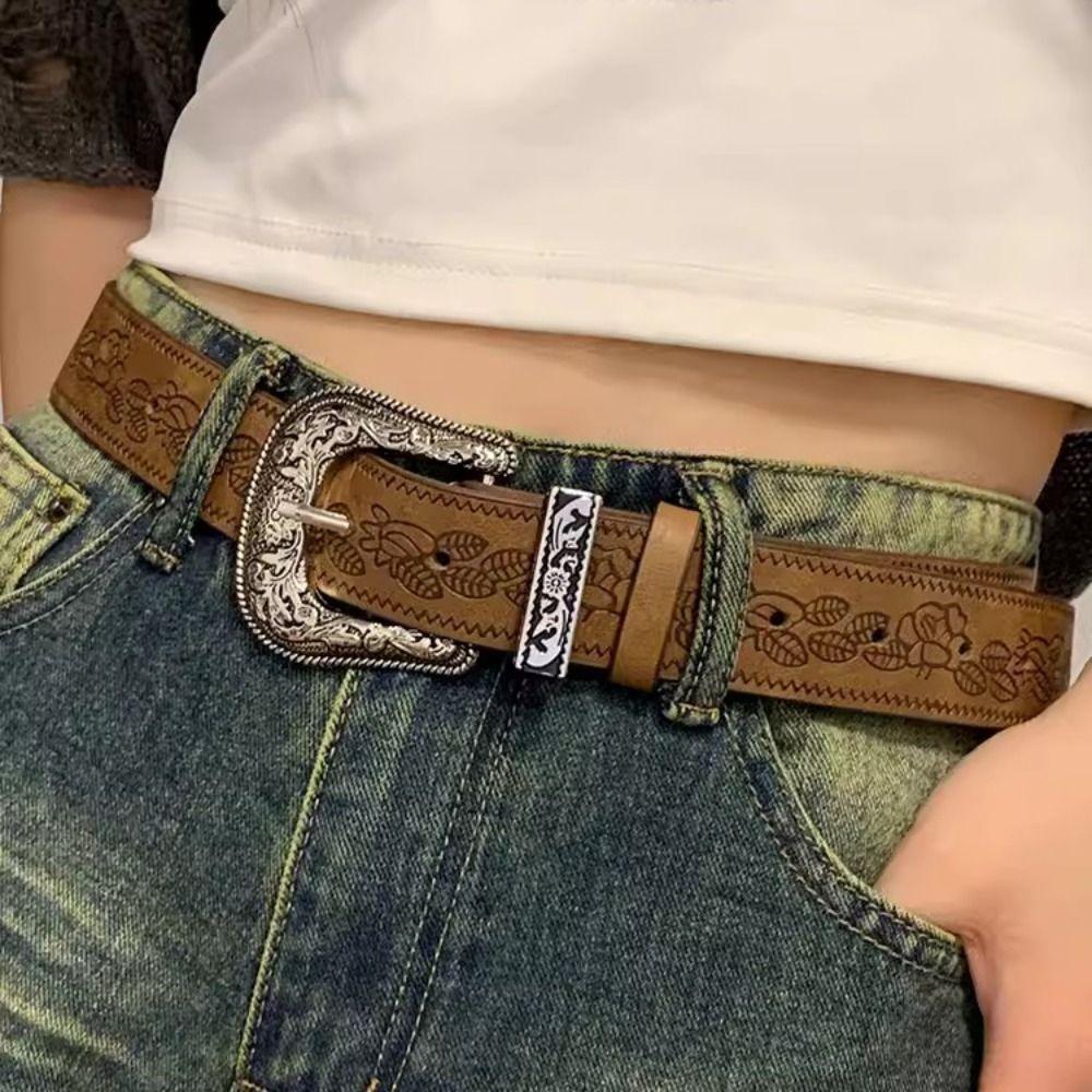 Vintage Printed Ethnic Style Belt Y2k Pants Decorative Gothic PU Leather Belt Female