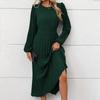 Dress for Women with Long Sleeves Pleated Round Neck, High Waist Long Dress
