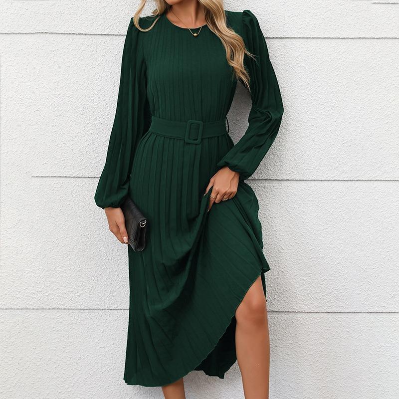 Dress for Women with Long Sleeves Pleated Round Neck, High Waist Long Dress
