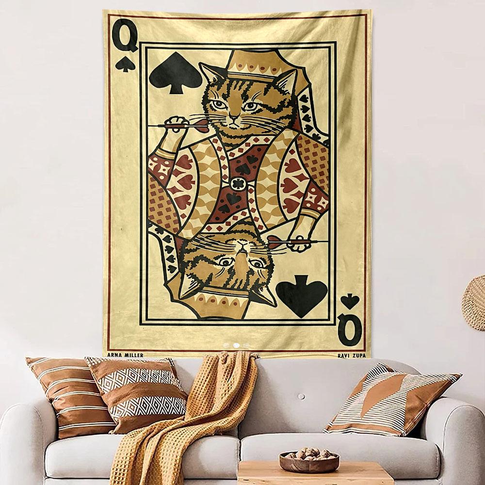 Queen of Spades - Cat Playing Card Patterned tapestry home decor, suitable for bedroom and living room, gift