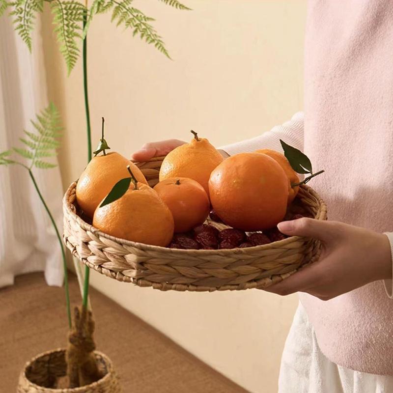 Плетеная корзина из ротанга ручной работы, корзина для фруктов, чая, закусок, хлеба, косметическая круглая коробка для хранения, поднос из водяного гиацинта, блюдо для украшений