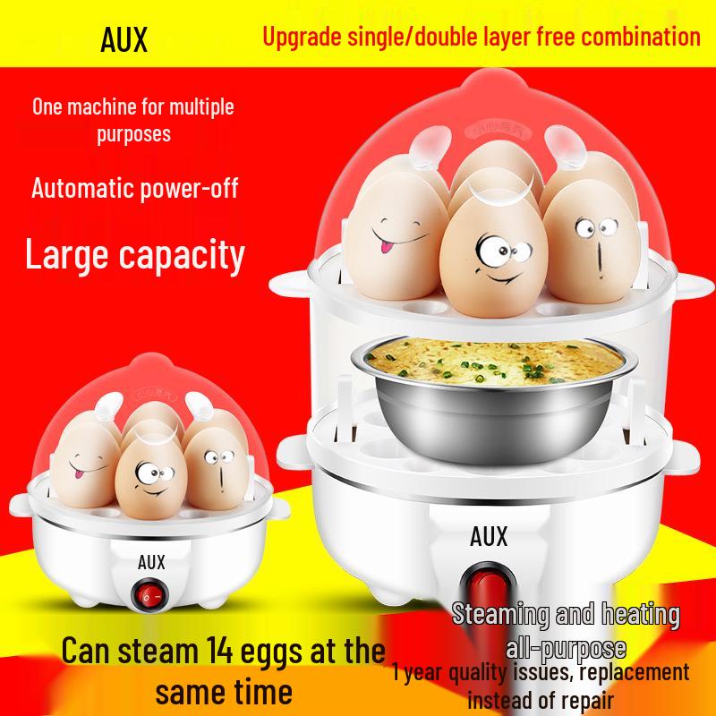 AUX 108B Multi-Functional Egg Boiler with Automatic Power-Off, Stainless Steel, Double Layer Mini Steamer