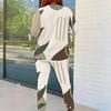Women Plus Size Abstract Printed Round Neck Long Sleeve Top Fitted Pants Two Piece Set