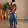 Johnature Woman Autumn Chinese Style Vintage Splicing Turn Down Collar Shirt Long Sleeves Solid Color Corduroy Shirt