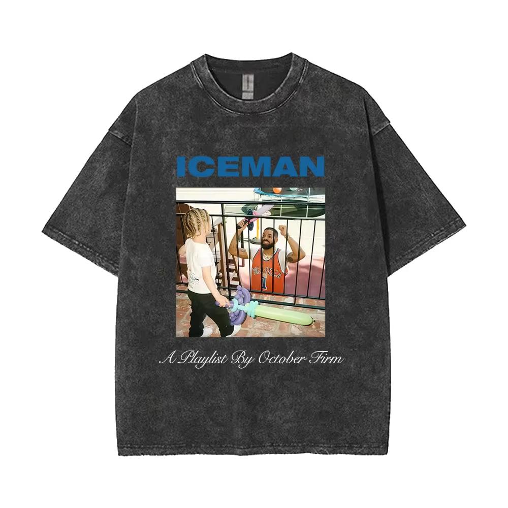 Летняя мода 2026 Модная футболка Стираный винтаж Рэпер Дрейк ICEMAN Футболка Мужская Женская Хип-хоп Модный тренд Футболки Y2K