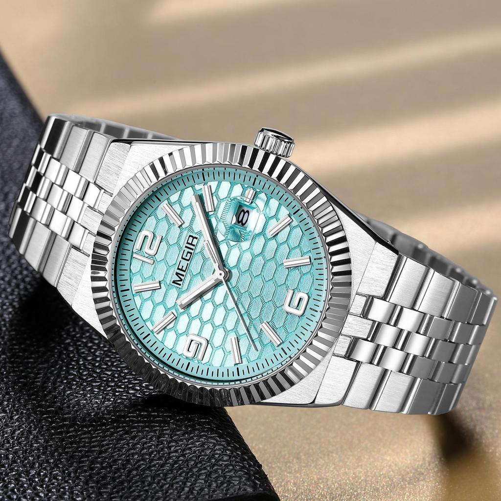 Megir Часы мужские наручные с большим циферблатом, деловые, для отдыха, из нержавеющей стали, водонепроницаемые, люминесцентные, с автодатой, подарок для мужчин, Reloj Hombre 1101