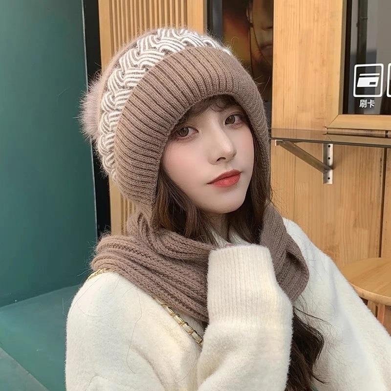 Hat and Scarf Integrated Winter Warm Thickened Knitted Wool Hat Two-piece Set Ear Protector Fleece Cold-proof Scarf