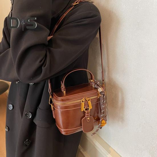 Crossbody Bag Bucket Shape Faux Leather Bell Rope Decor Handbag Vintage Zipper Closure Smooth Surface Shoulder Bag for Work Party Travel