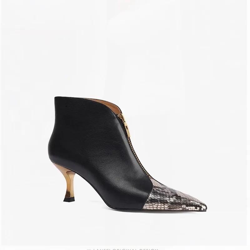 Мода 2024 года, модная женская обувь, женские ботильоны, современные модельные ботинки, женские туфли смешанных цветов с острым носком и молнией спереди на высоком каблуке