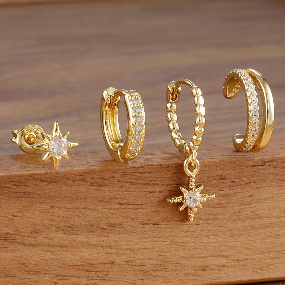 4pcs Fashion Stainless Steel Cubic Zirconia Star Dangle Earring Set For Women Cartilage Piercing Earring Ear Clip Korean Jewelry