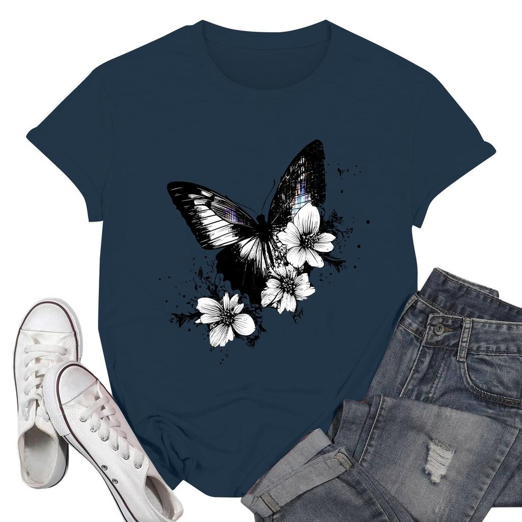 Women's Fashion Casual Printed Short Sleeve Round Neck Pullover Tops